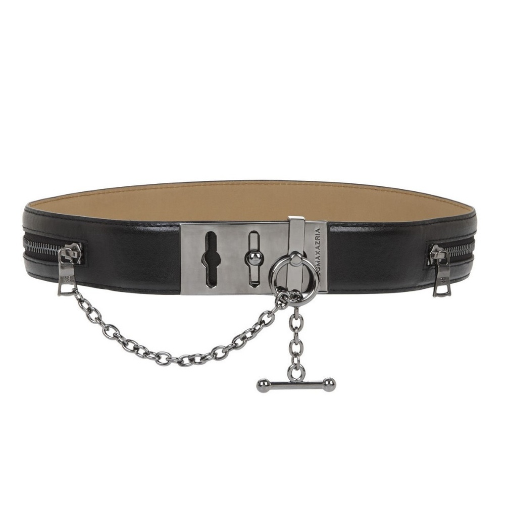 BCBG Black Faux Leather Metallic Chain Toggle Belt